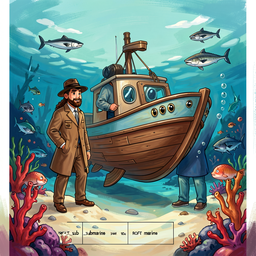 Reference image of a detective worksheet template with first row filled out for SUBMARINE: WORD=submarine, PREFIX=sub, M