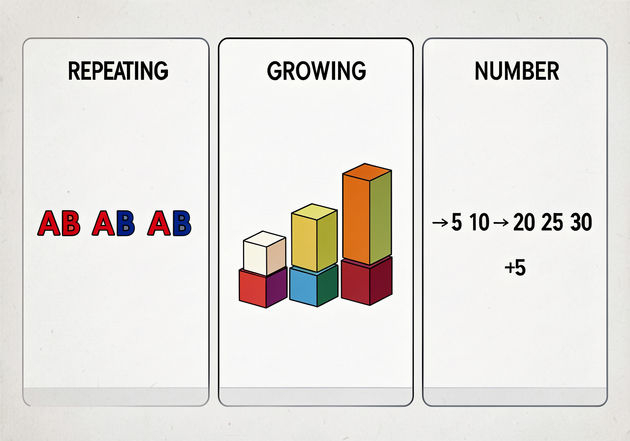 Three-panel chart, 18x12 inches. Panel 1 (REPEATING): 'AB AB AB' with red and blue dots alternating. Panel 2 (GROWING): 
