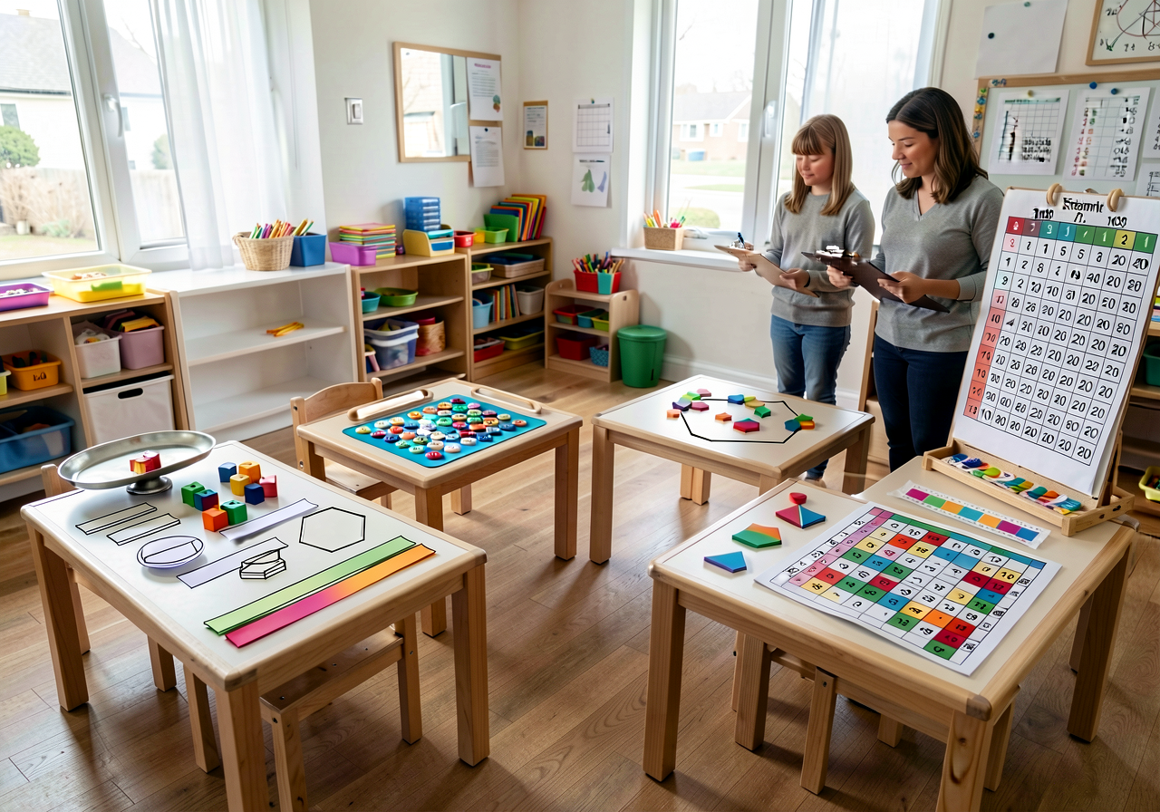 Wide-angle photo of a kindergarten classroom set up with 4 station tables around the room. Station 1 has a balance pan, 