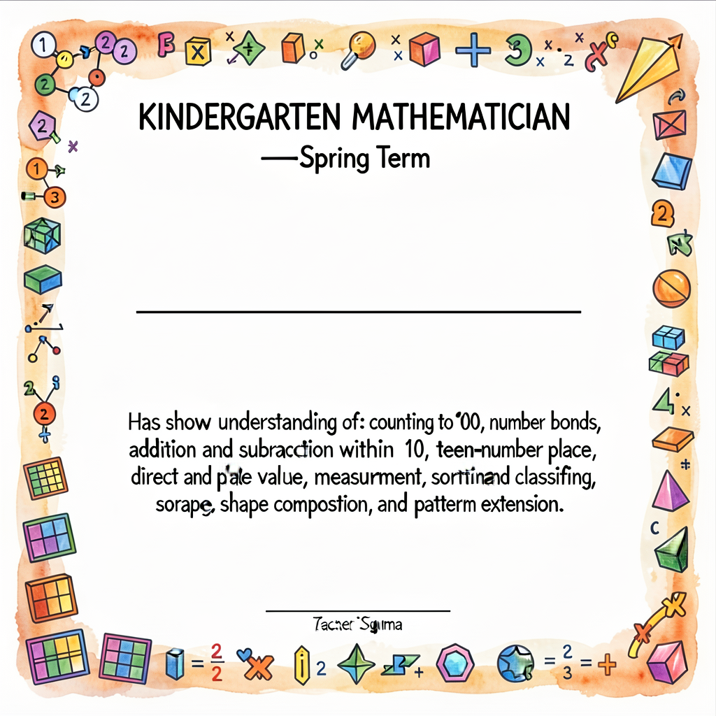 8.5x11 landscape certificate. Header: 'KINDERGARTEN MATHEMATICIAN — Spring Term'. Center: large blank line for child's n