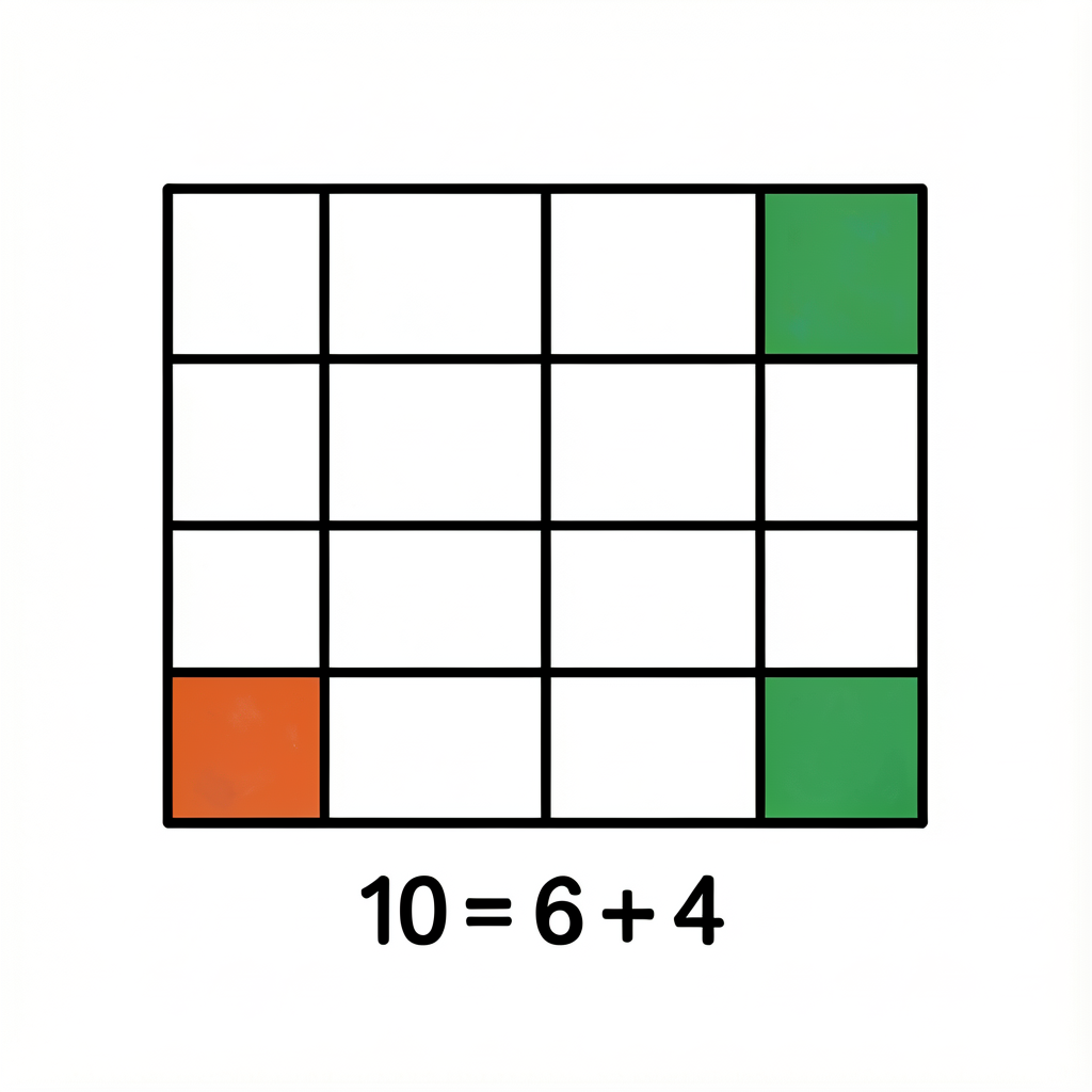 Blank 5x2 ten-frame template with cell outlines visible, ready to be colored. Label '10 = 6 + 4' below.