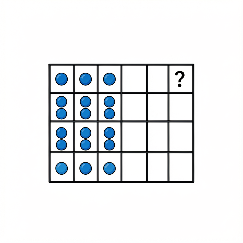 Ten-frame with 7 cells filled (blue dots) and 3 cells empty, question mark on the empty cells.