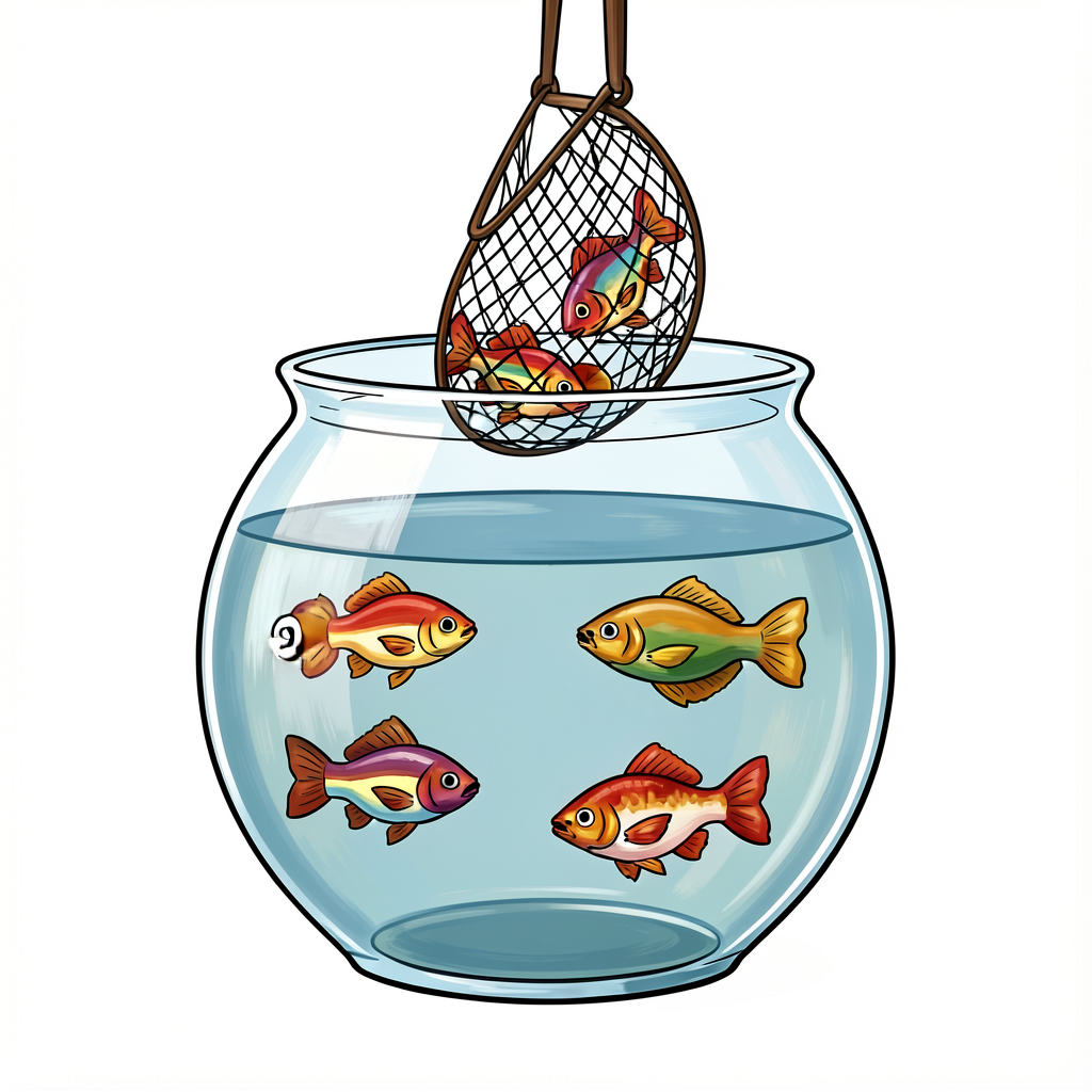 Illustration: a clear fishbowl with 6 colorful fish swimming; 2 more fish in a small net being lowered into the bowl fro