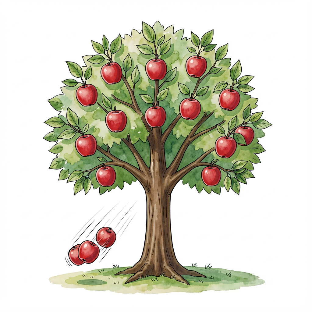 Watercolor illustration of an apple tree with 9 red apples; 4 apples shown mid-fall toward the ground with motion lines.