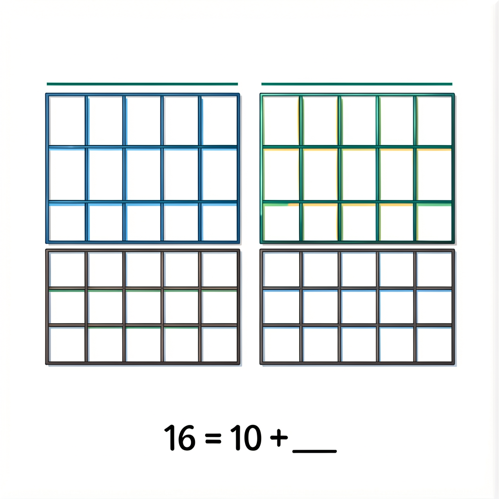 Blank double ten-frame template (two adjacent 5x2 grids) with label '16 = 10 + ___' below.