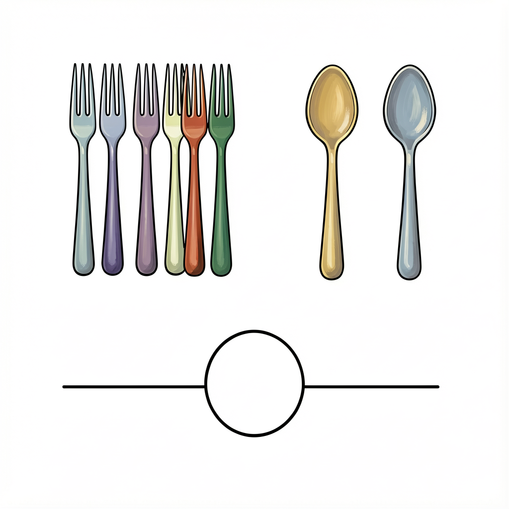 Small illustration of 6 forks on the left and 2 spoons on the right; empty number-bond template below with whole circle 