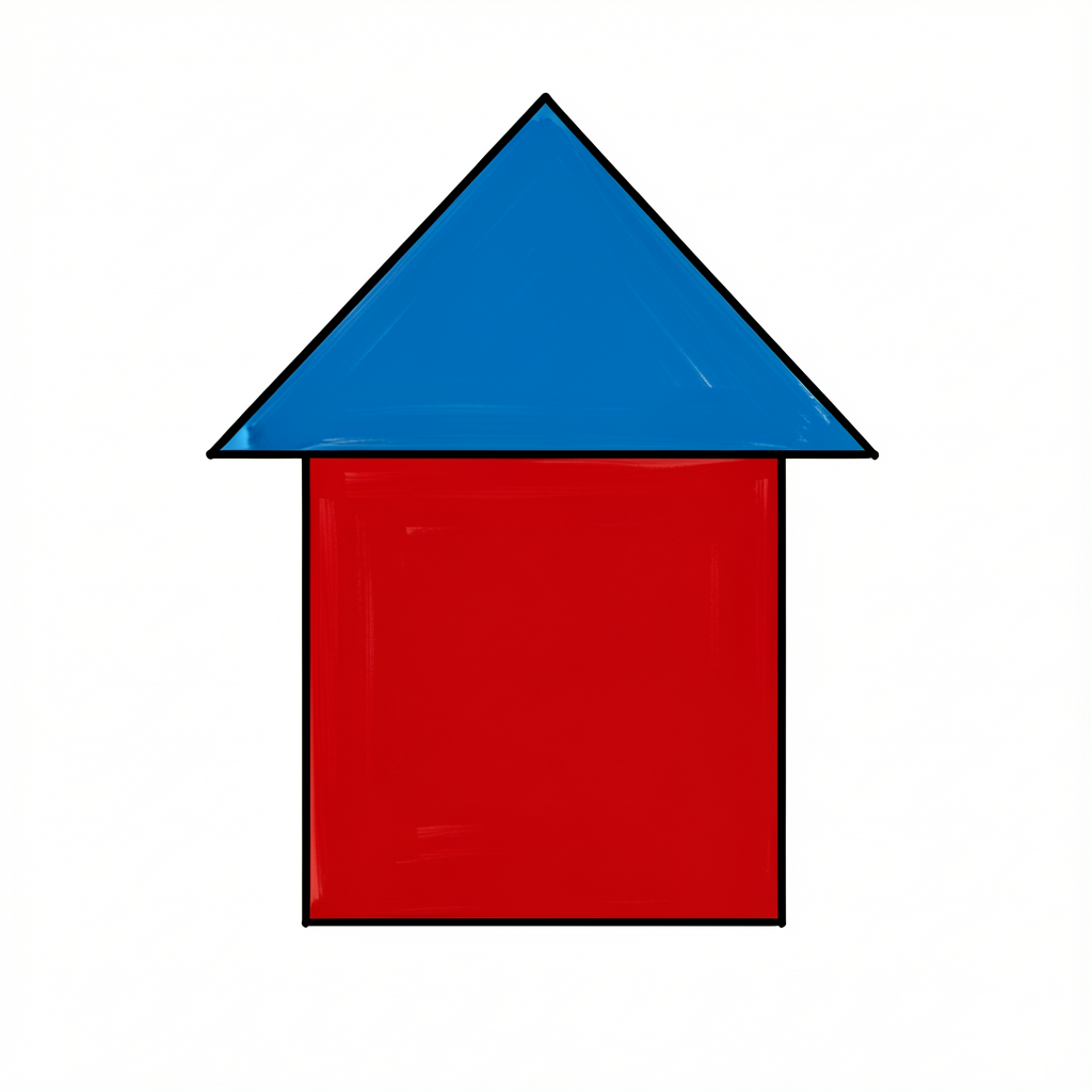 Simple geometric 'house' drawing: a red square (body) with a blue triangle (roof) on top. Outlines visible to show the t