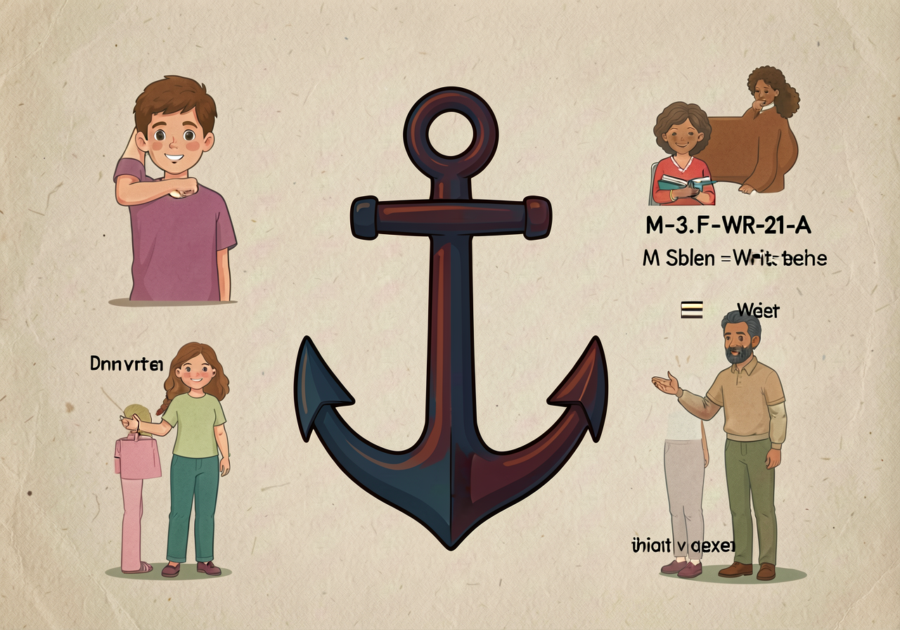 Reference image of M-3-F-WR-21-A anchor showing spoken-vs-written pairs. Print-ready, dyslexic-friendly font.