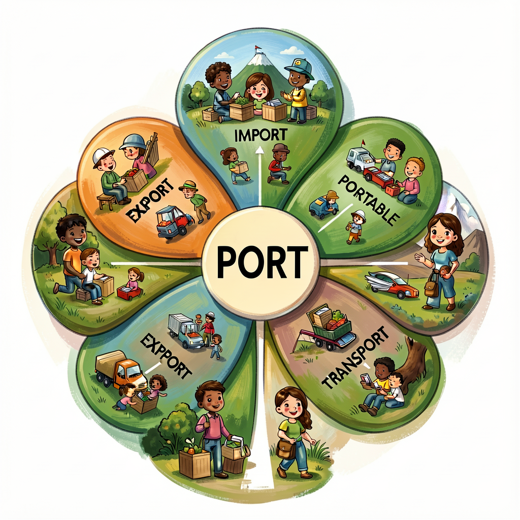 Reference image of a completed four-leaf word-family map for PORT: center PORT (carry), leaves IMPORT, EXPORT, PORTABLE,
