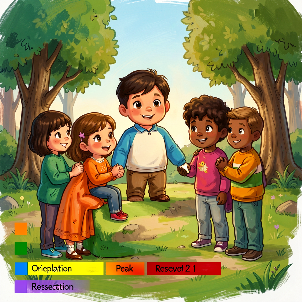Reference image of a 6-paragraph expanded narrative draft with each paragraph color-coded in the margin: blue (orientati