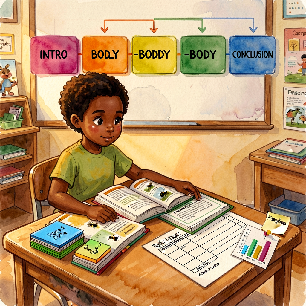 Unit-opener: a Grade-3 writer at a research table with two open informational books, a stack of color-coded note-cards (