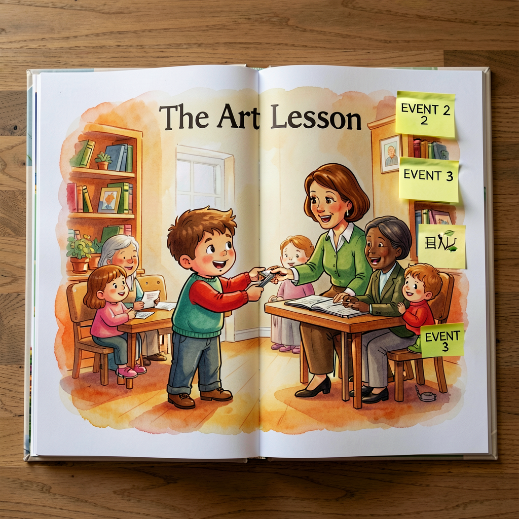 Photo of an open spread of 'The Art Lesson' by Tomie dePaola showing the part where Tommy negotiates with his teacher. S