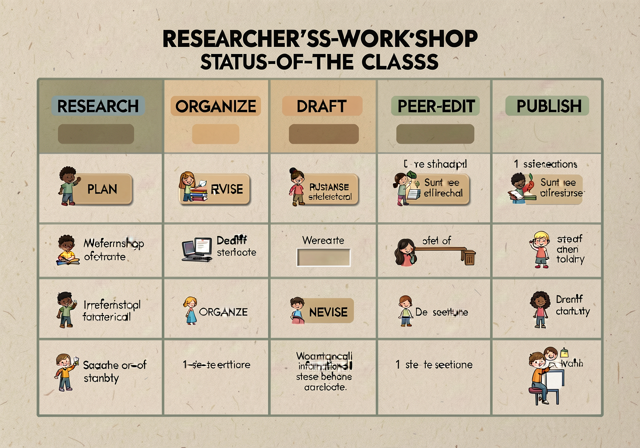 Researcher's-workshop status-of-the-class wall chart (spring): a 6-column grid RESEARCH | ORGANIZE | DRAFT | REVISE | PE