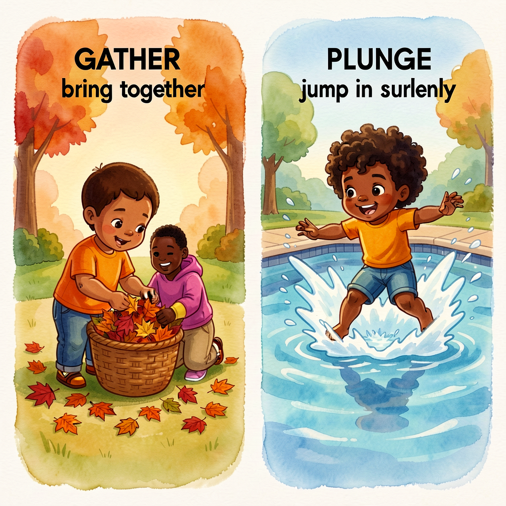 Two-panel card. Left: 'GATHER = bring together' with a child gathering autumn leaves into a basket. Right: 'PLUNGE = jum