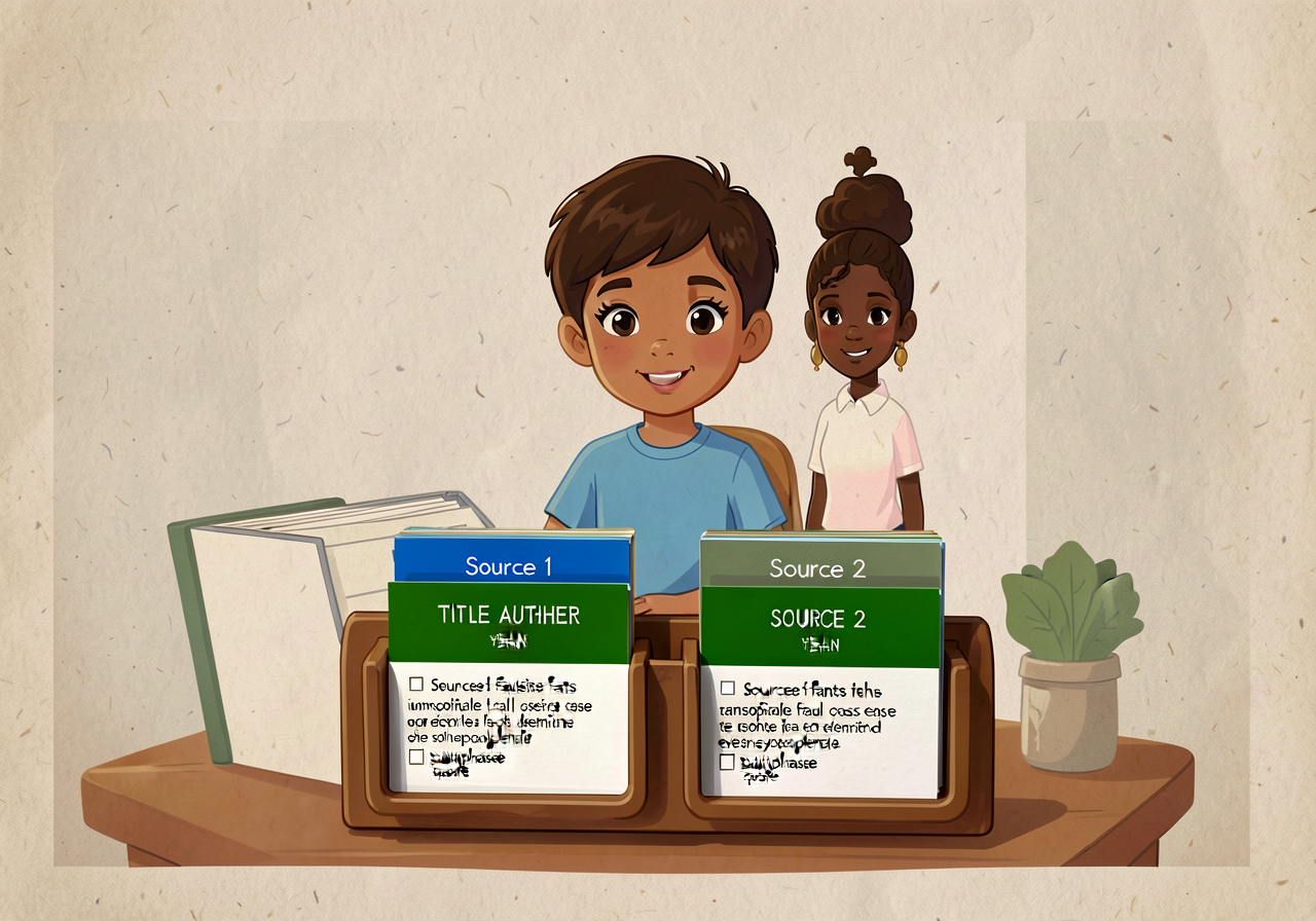 Source-card system: visual reference of the recommended setup — a 4x6 index card per source, color-coded (Source 1 = blu