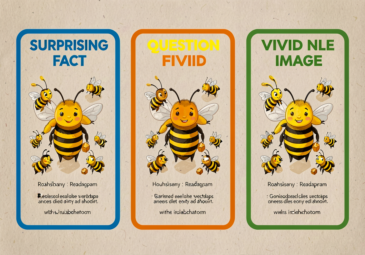 11x17 anchor showing the same topic (honeybees) with three different hooks side by side: SURPRISING FACT version (left, 