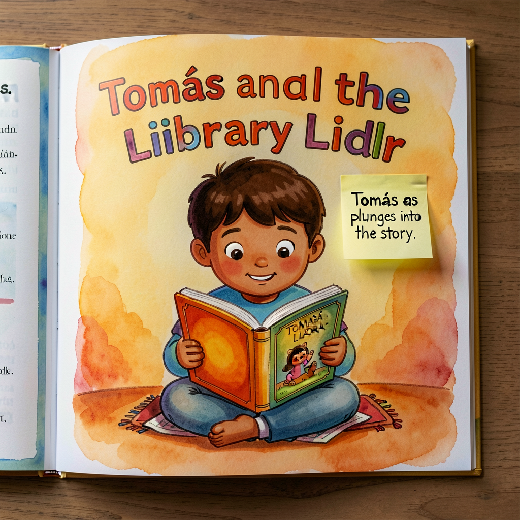 Photo of the cover of 'Tomás and the Library Lady' by Pat Mora. Open to a spread showing Tomás reading. Sticky note: 'To