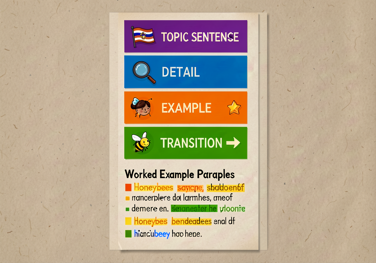 Reproduction of MG-3 at 11x17: a vertical stacked card with four color-coded bands — TOPIC SENTENCE (purple, with flag i