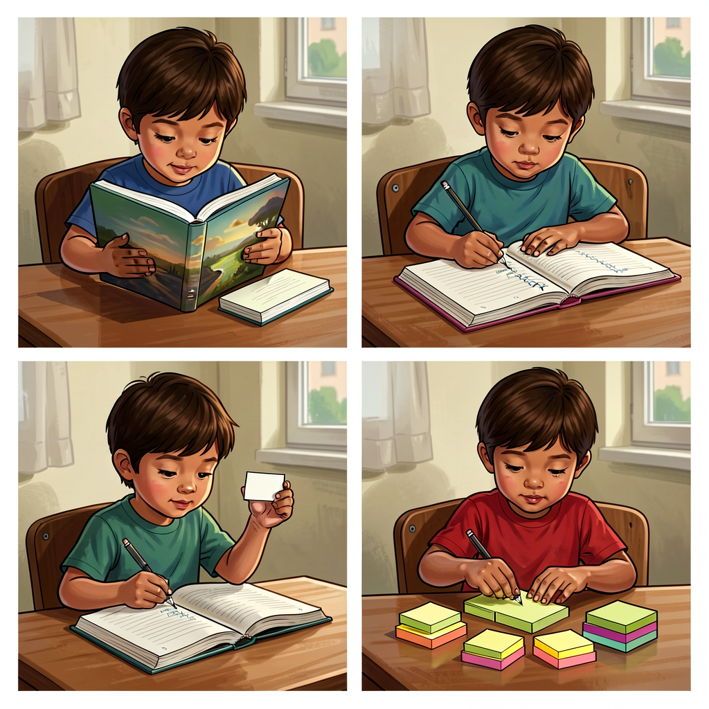 Reference photo grid: 4 small images of Grade-3 children performing each process action — child reading a book (research