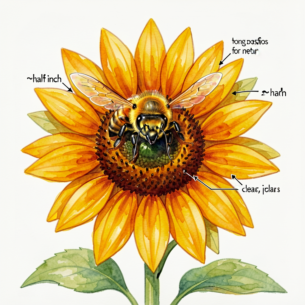 Reference image to accompany the Markle honeybee paragraph: close-up watercolor of a honeybee on a sunflower, with label