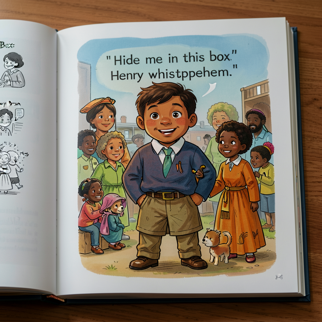 Reference photo of an open page from 'Box: Henry Brown Mails Himself to Freedom' showing a passage with embedded dialogu