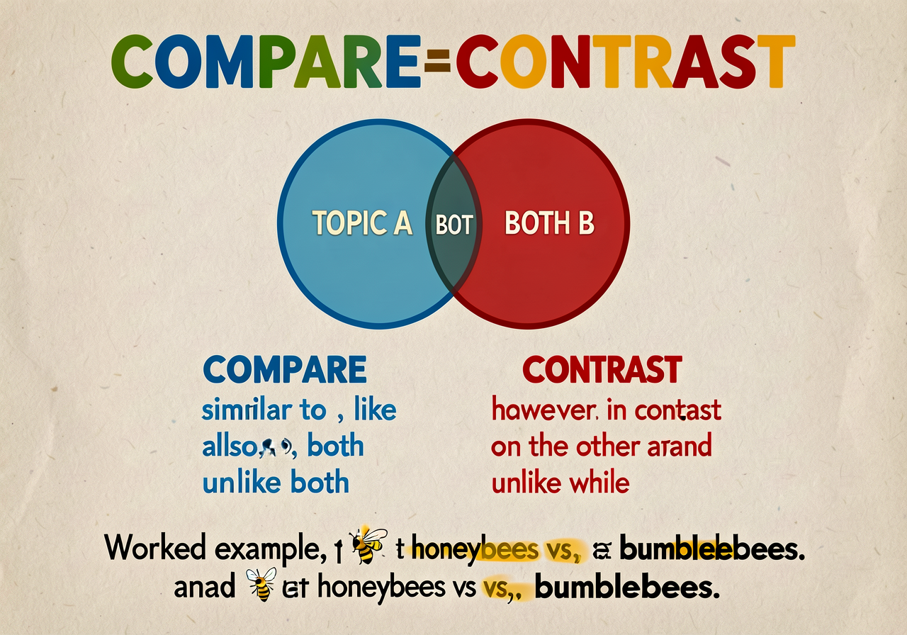 11x17 anchor with COMPARE/CONTRAST at top in large color-block letters. Center: a 2-circle Venn diagram (left = TOPIC A,
