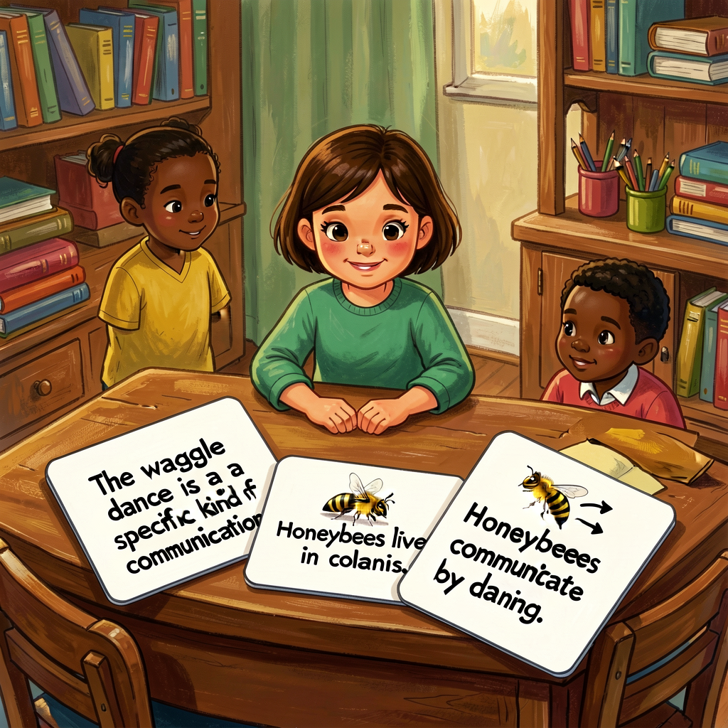 Reference image of 3 topic-sentence cards in scrambled order on a desk: 'The waggle dance is a specific kind of communic