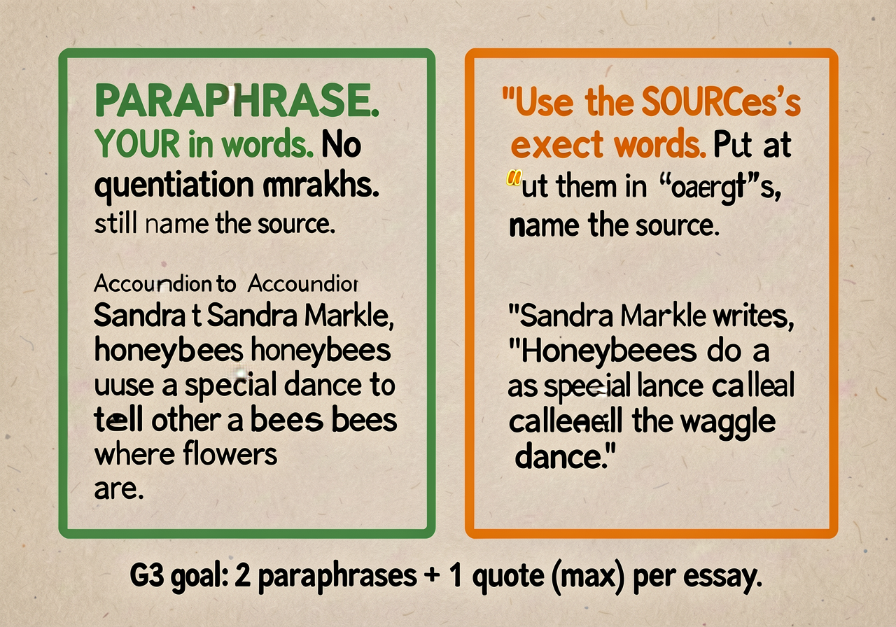 Reproduction of MG-7 at 11x17: two side-by-side columns. LEFT (green border) PARAPHRASE: 'Put it in YOUR words. No quota