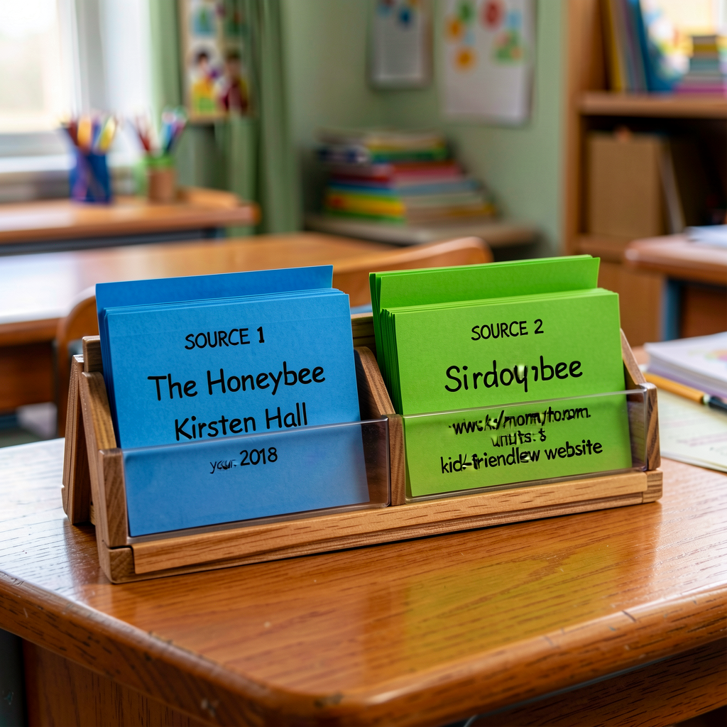 Reference photo of a 2-slot card holder on a Grade-3 desk: blue index card labeled SOURCE 1 (with title 'The Honeybee', 