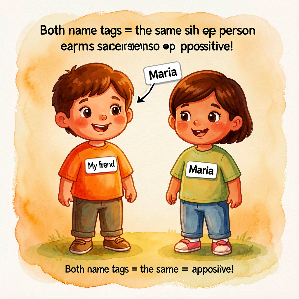Cartoon of two children labeled with name tags. The first character labeled 'My friend' has a second name tag attached b