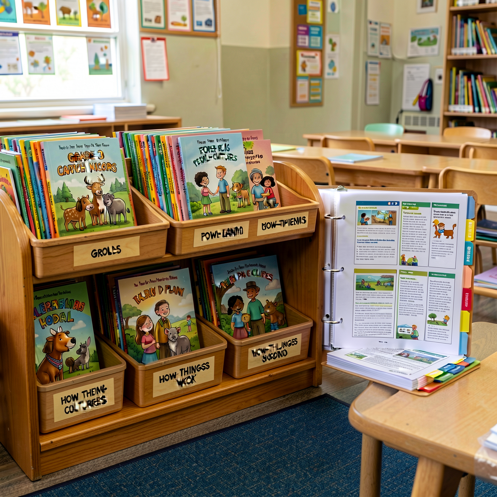 Reference photo of a Grade-3 classroom source library: a low shelf with informational books grouped by topic family (ani
