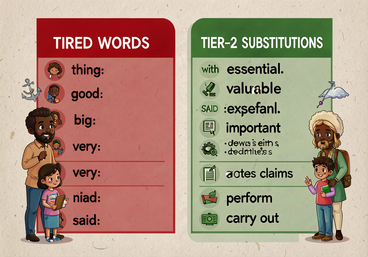 11x17 anchor with two columns: TIRED WORDS (red column: thing, good, big, said, do, get, very, nice, bad, said) and TIER