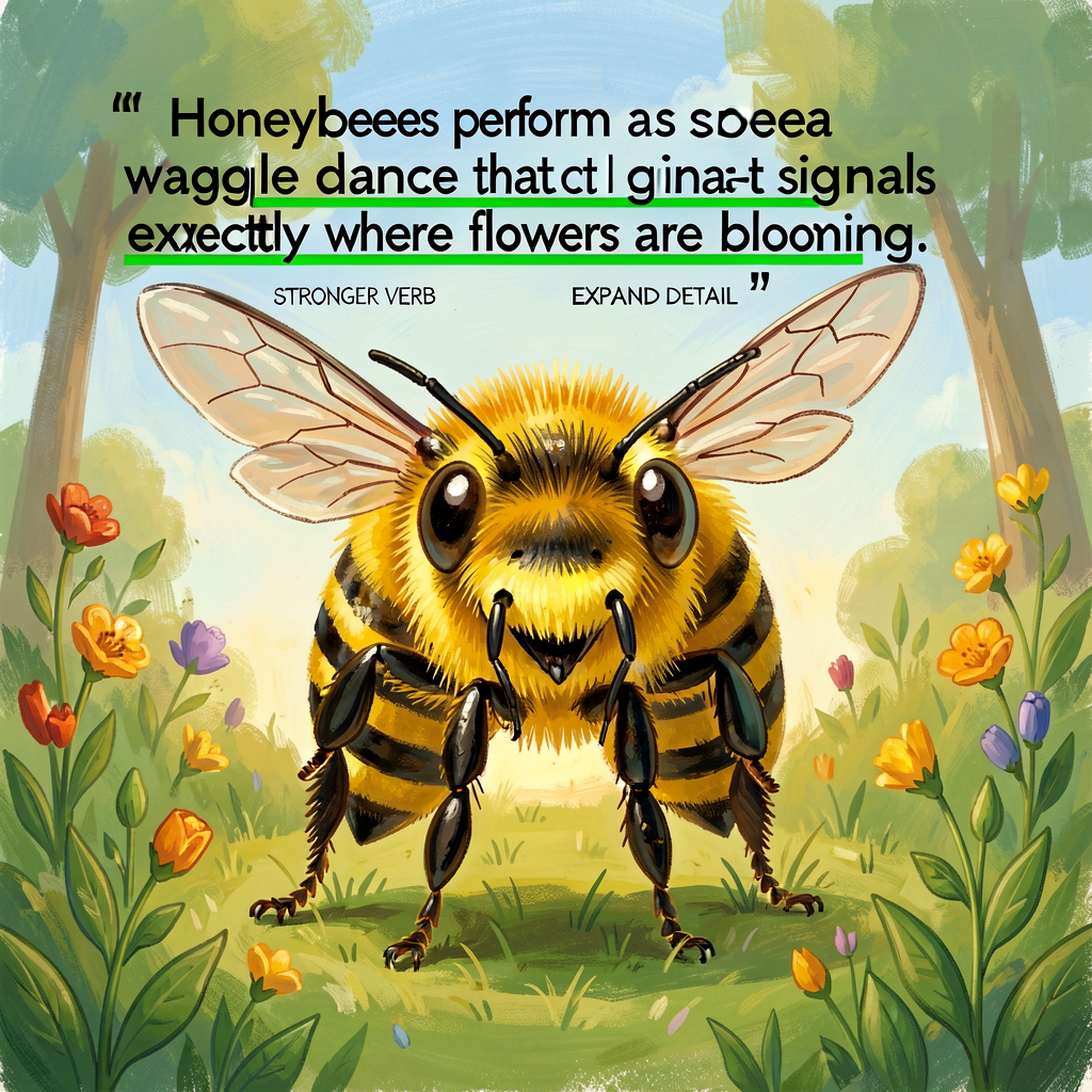 Reference image of a Grade-3 draft paragraph with BEFORE and AFTER versions. BEFORE: 'Honeybees do a thing that helps th