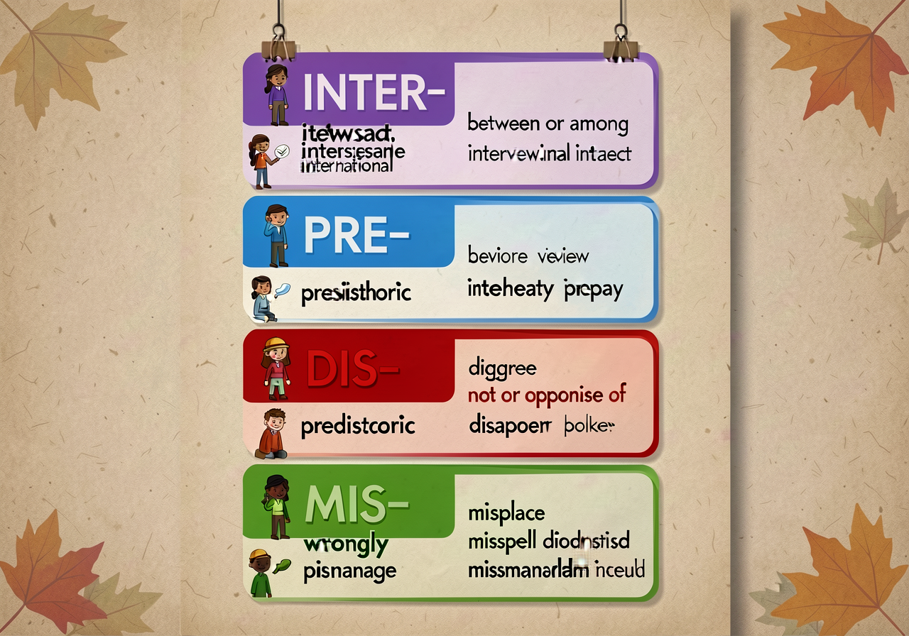 11x17 anchor extending fall's affix poster: four new prefixes in a stacked card layout — INTER- (purple, 'between or amo