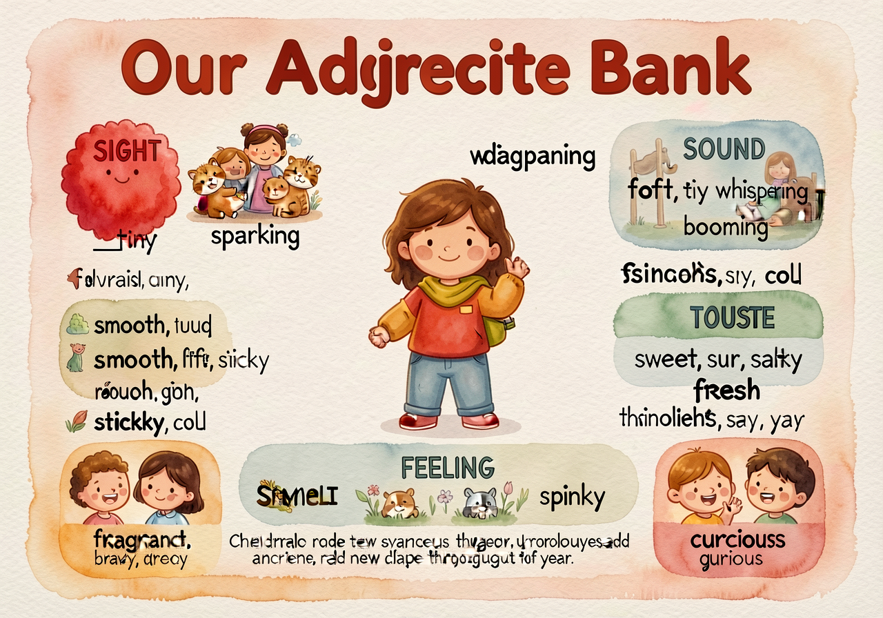 Wall chart 'Our Adjective Bank' organized by sense: SIGHT (red, fluffy, tiny, gigantic, sparkling), SOUND (loud, soft, w