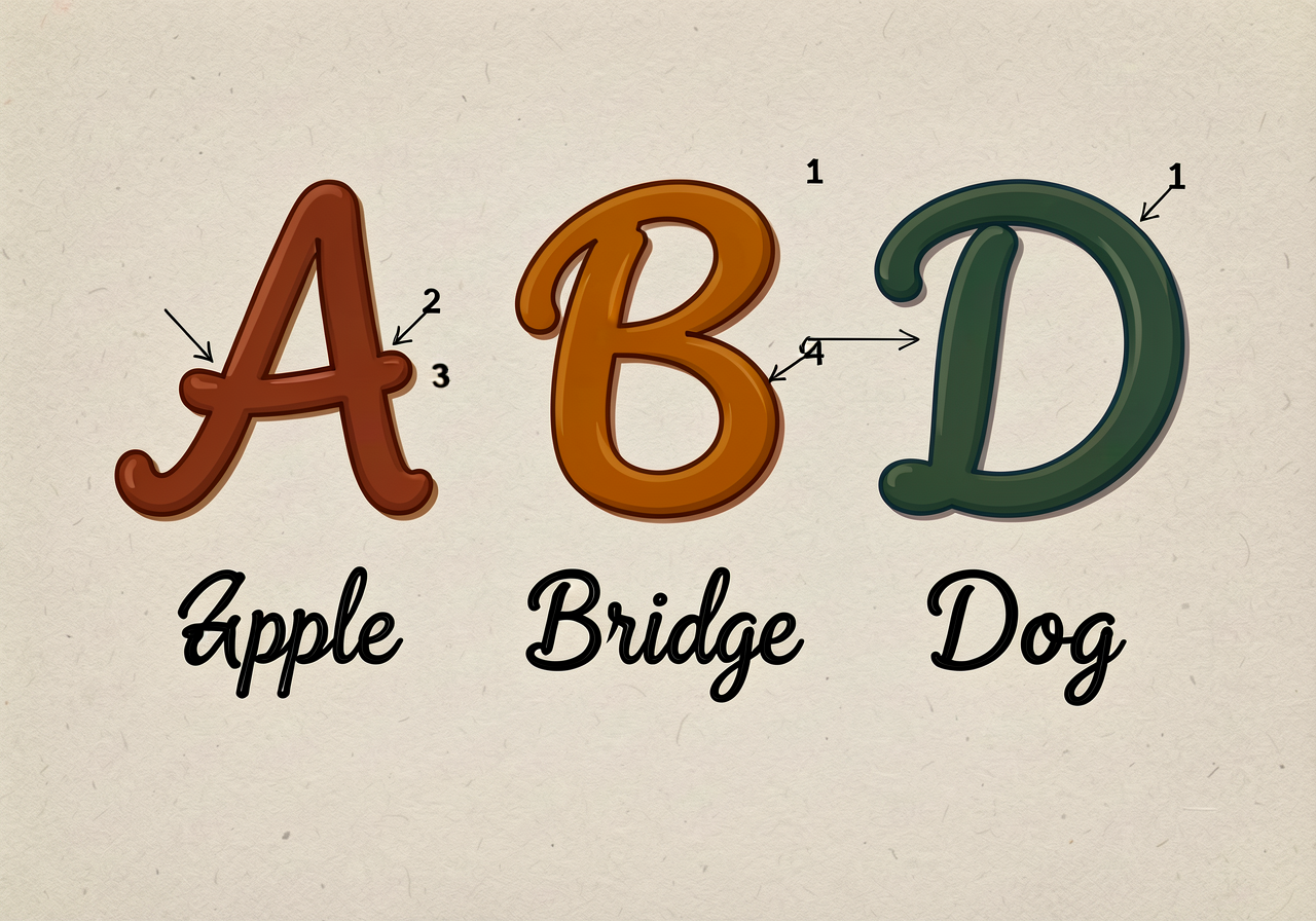 11x17 anchor with the cursive uppercase letters A, B, C, D shown in large size with numbered stroke arrows (HWT magic-c 