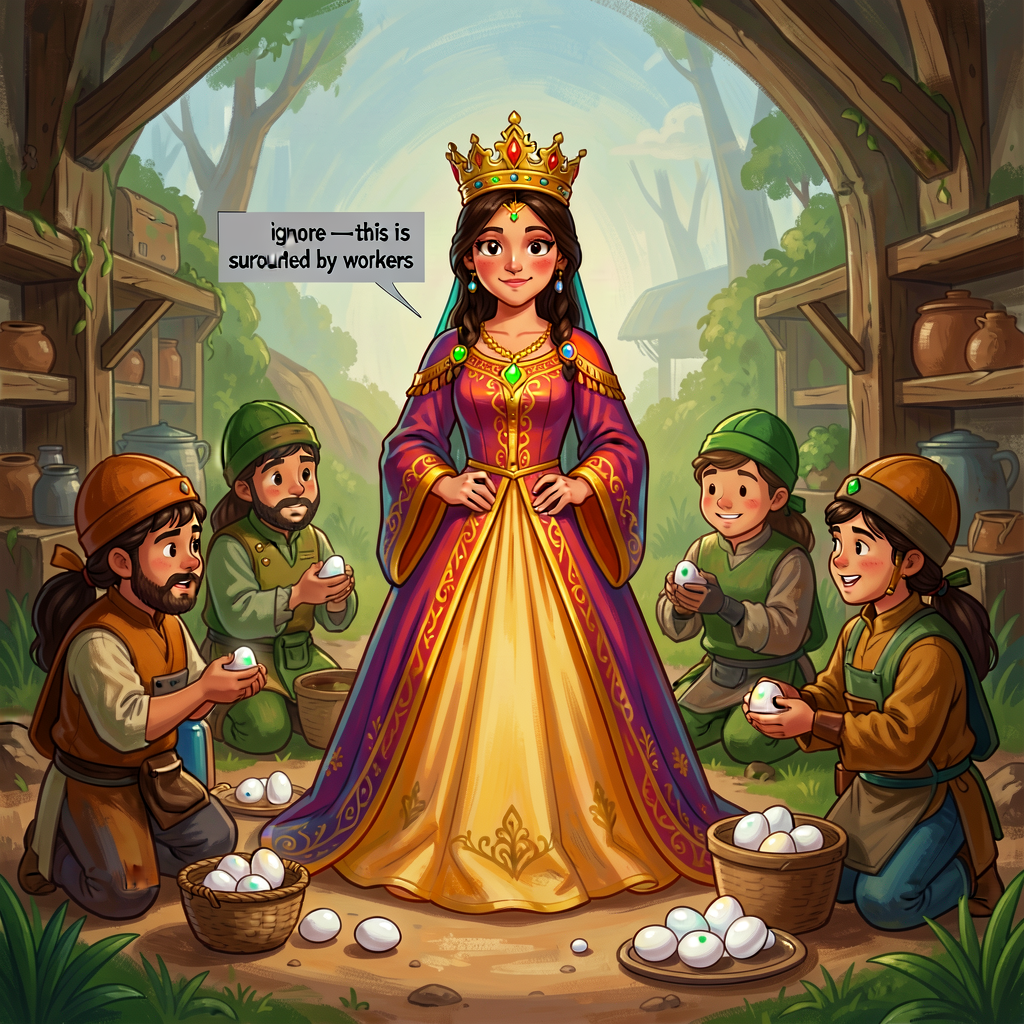 Reference image of the sentence 'The queen, surrounded by workers, lays eggs.' with the SUBJECT 'queen' highlighted in o