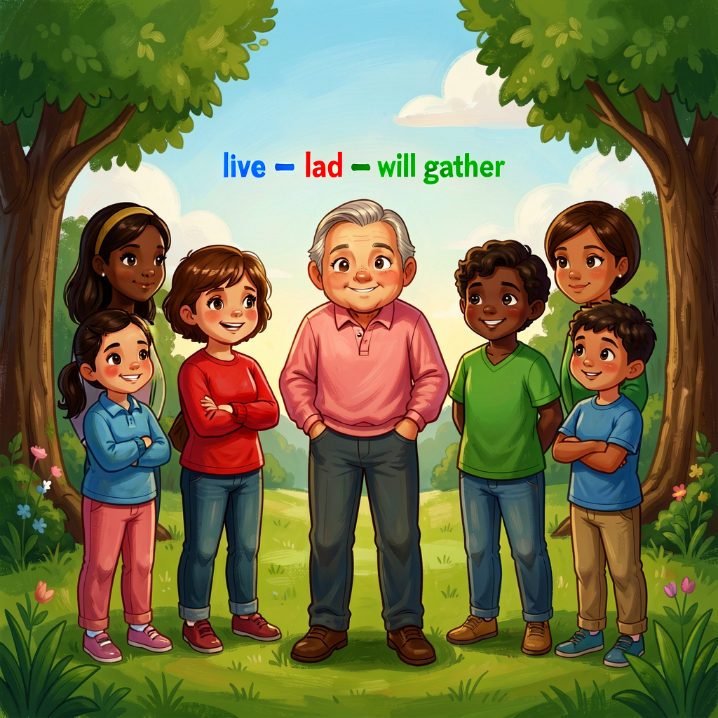 Reference image of a sample mixed-tense paragraph (3 sentences) with each verb flagged: 'live' = blue (present), 'laid' 