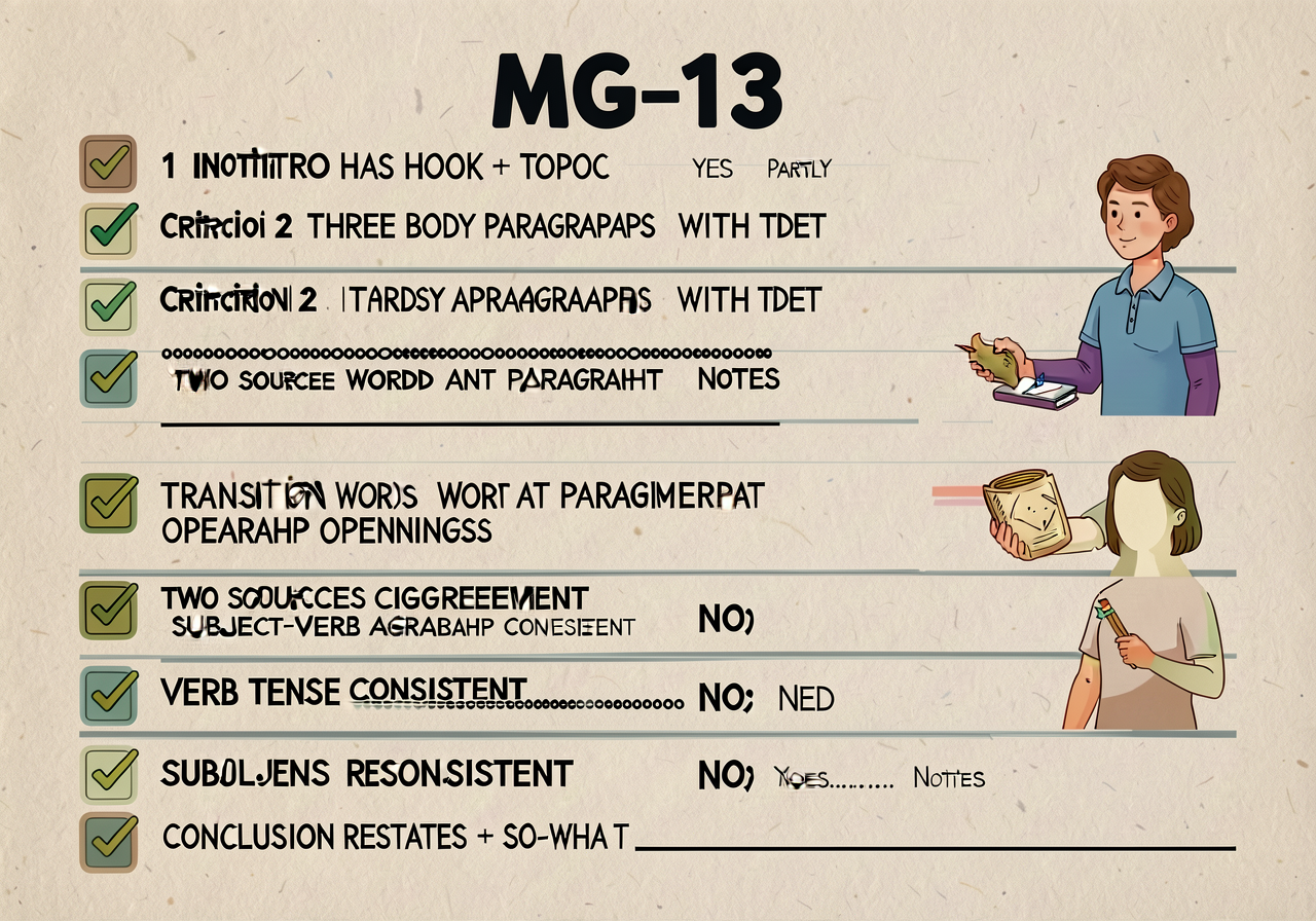 11x17 reproduction of MG-13: 7 criteria each with a check-off triplet (YES / PARTLY / NO) and a notes line. Criterion 1 