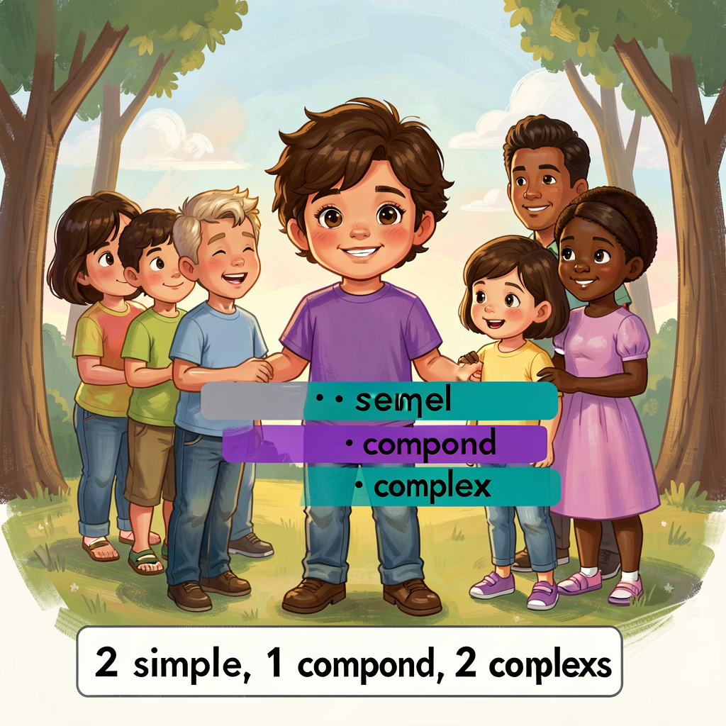 Reference image of a 5-sentence informational paragraph with each sentence color-highlighted: grey simple, purple compou