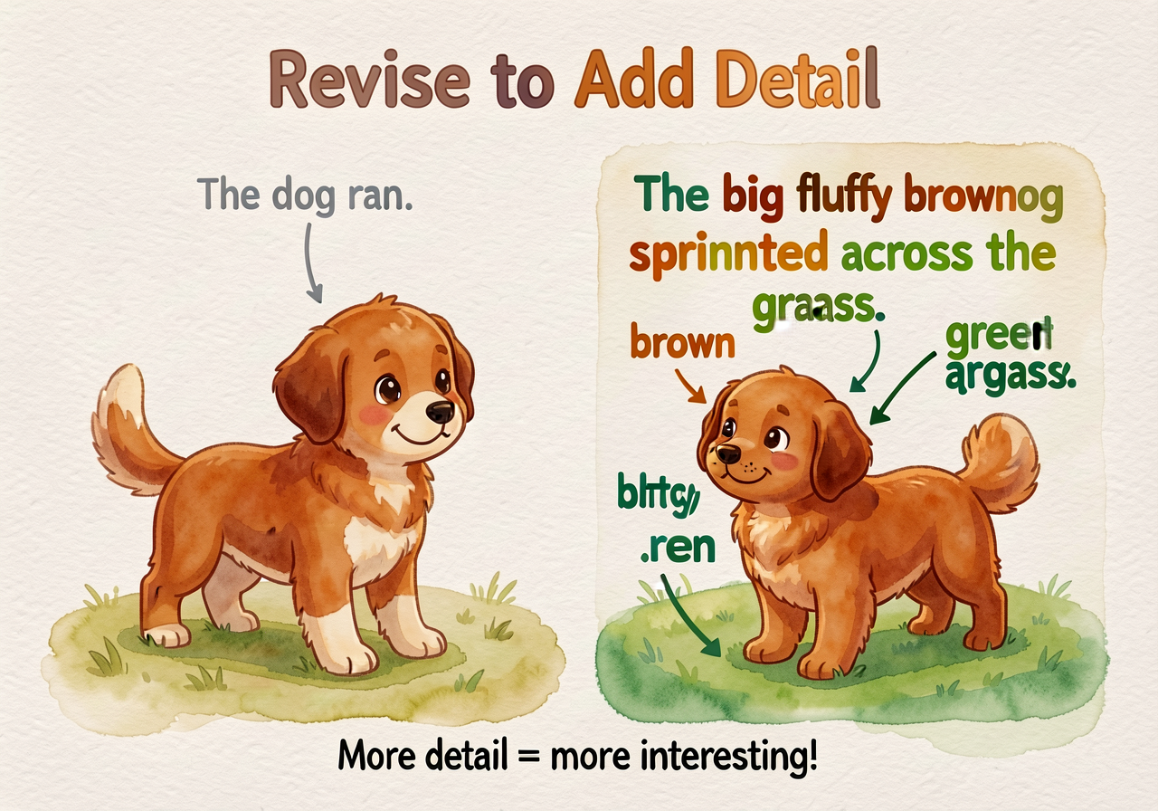 Two-panel chart 'Revise to Add Detail'. Left BEFORE: 'The dog ran.' (small text, gray). Right AFTER: 'The big fluffy bro