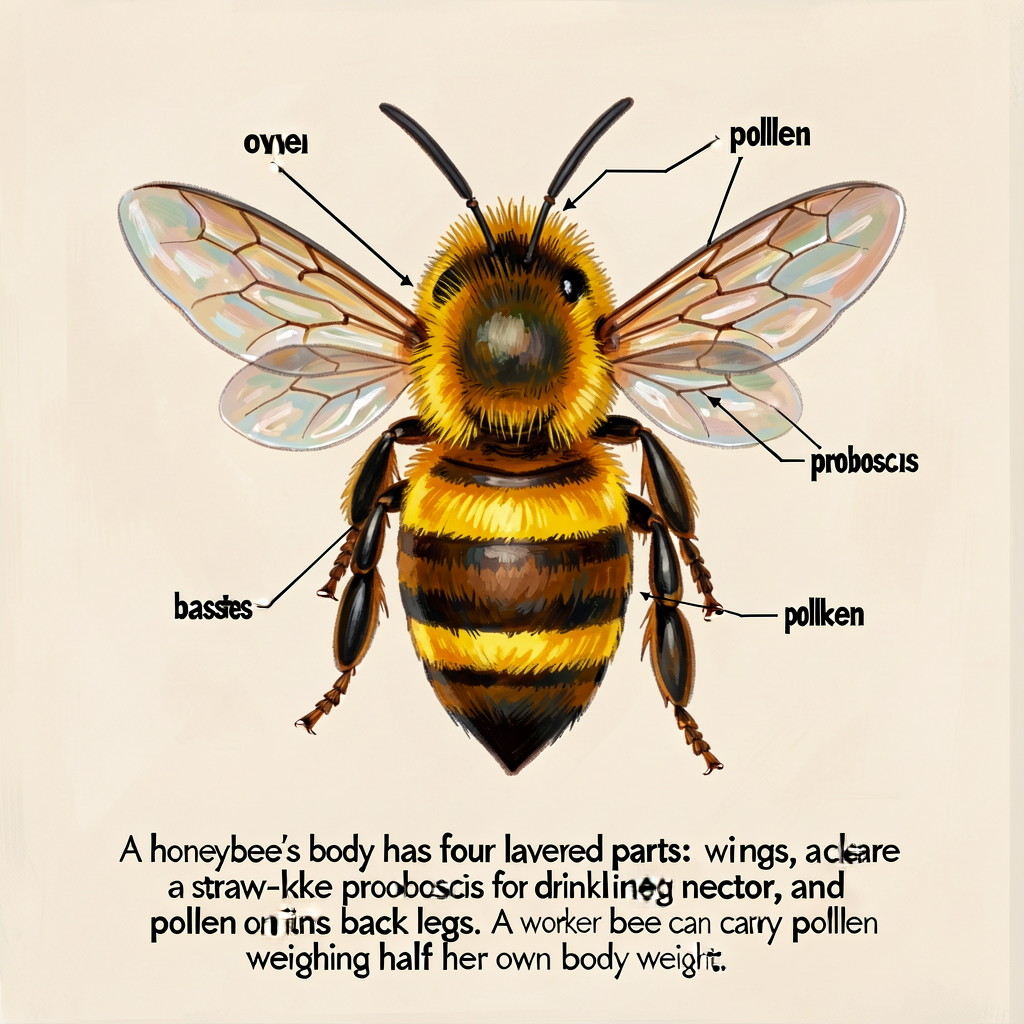Reference image of a hand-drawn honeybee diagram on 8.5x11 paper with 4 parts labeled (wings, eyes, proboscis, pollen ba