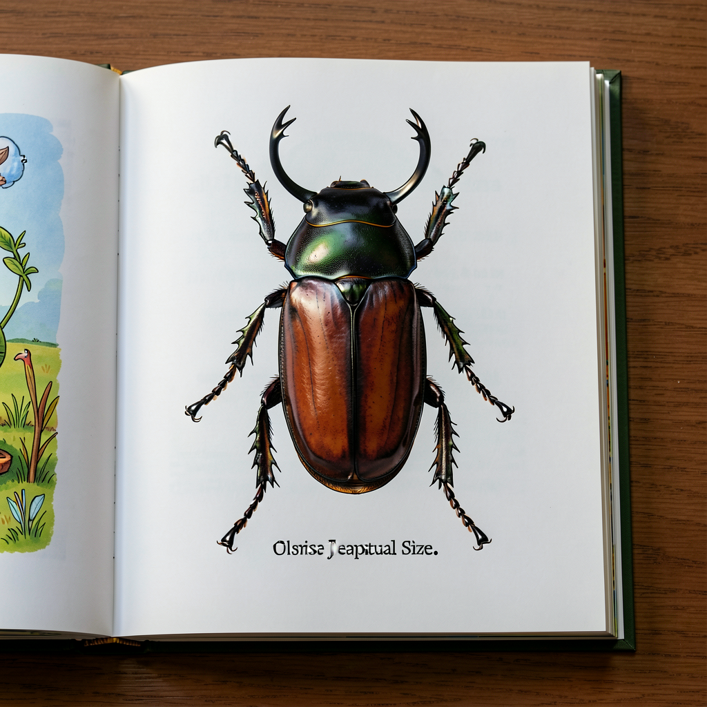 Reference photo of an open page from Steve Jenkins' 'Actual Size' showing a figure (e.g., actual-size goliath beetle ill