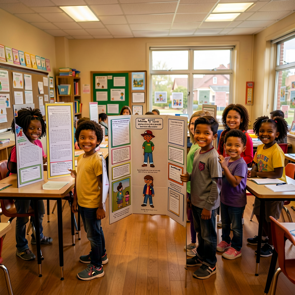Reference photo of an Information Fair setup in a Grade-3 classroom: a row of small tri-fold display boards on tables ar