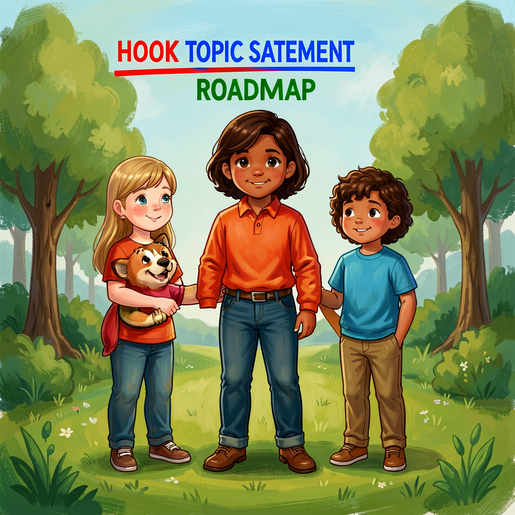 Reference image of a Grade-3 introduction draft with HOOK underlined in red, TOPIC STATEMENT in blue, and ROADMAP in gre