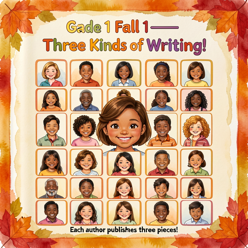 Photo of a Grade-1 anthology cover: title 'Grade 1 Fall — Three Kinds of Writing!' in 36-pt cheerful font; 25 small port