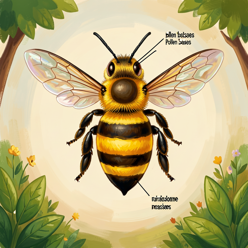 Reference image of a labeled diagram of a honeybee with 4 parts labeled (wings, eyes, proboscis, pollen baskets), color-