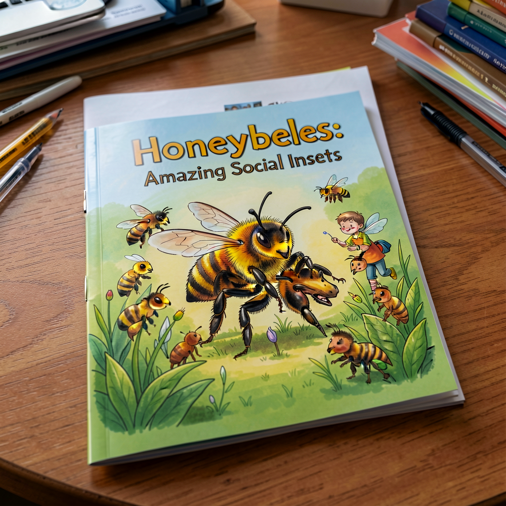 Reference photo of an assembled Grade-3 publication booklet on a desk, showing cover with title 'Honeybees: Amazing Soci