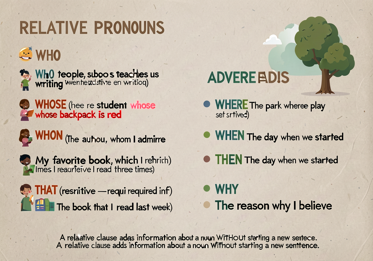 Relative-pronoun and relative-adverb anchor: two columns. RELATIVE PRONOUNS (left): WHO (people, subject) — 'The teacher