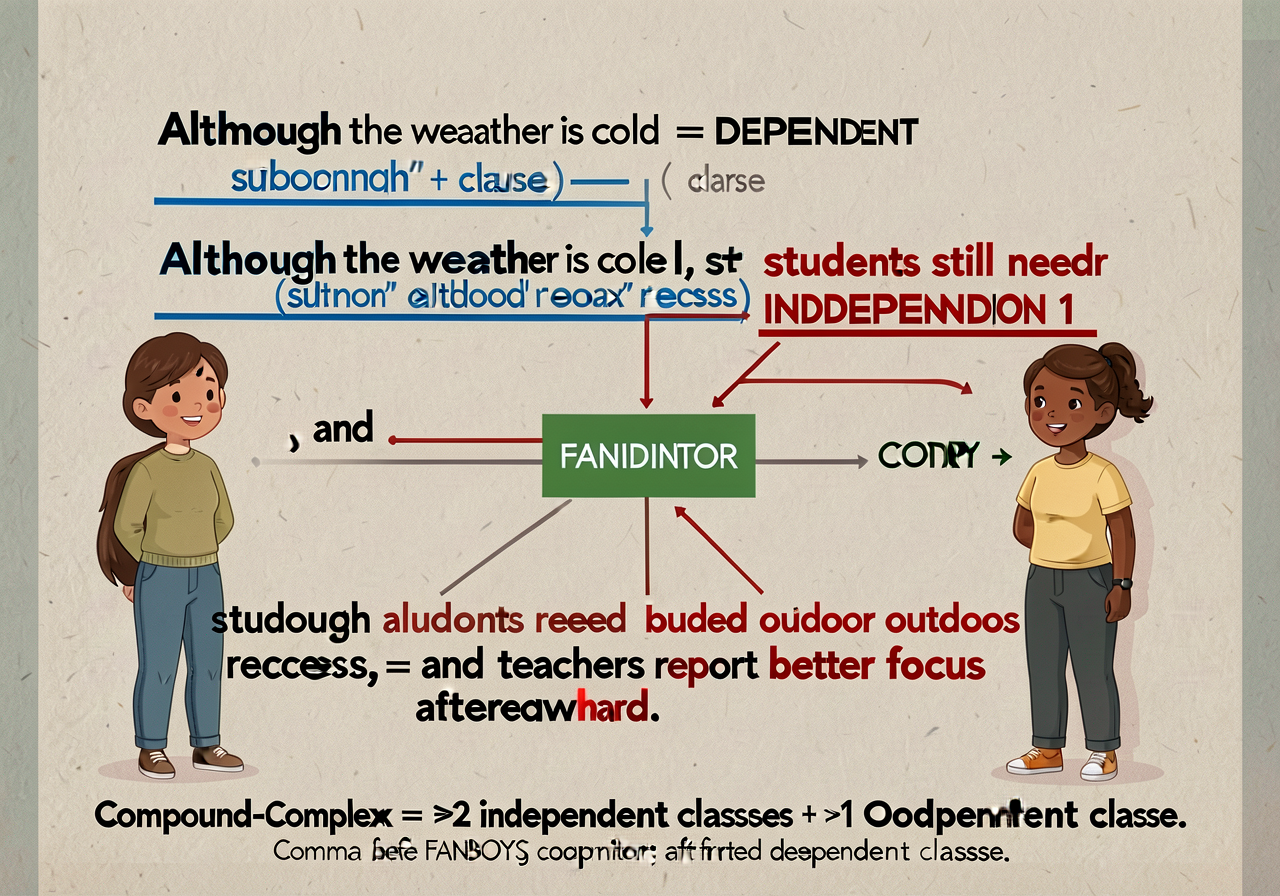 Compound-complex sentence anchor: a labeled diagram of a compound-complex sentence broken into parts. Example: 'Although